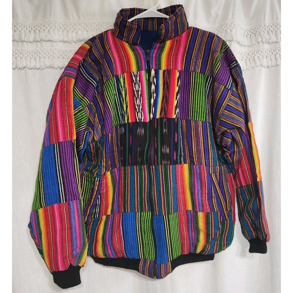 Vtg 80s Guatemalan Patchwork Bomber Jacket L Serape Woven Cotton Colorful Boho*